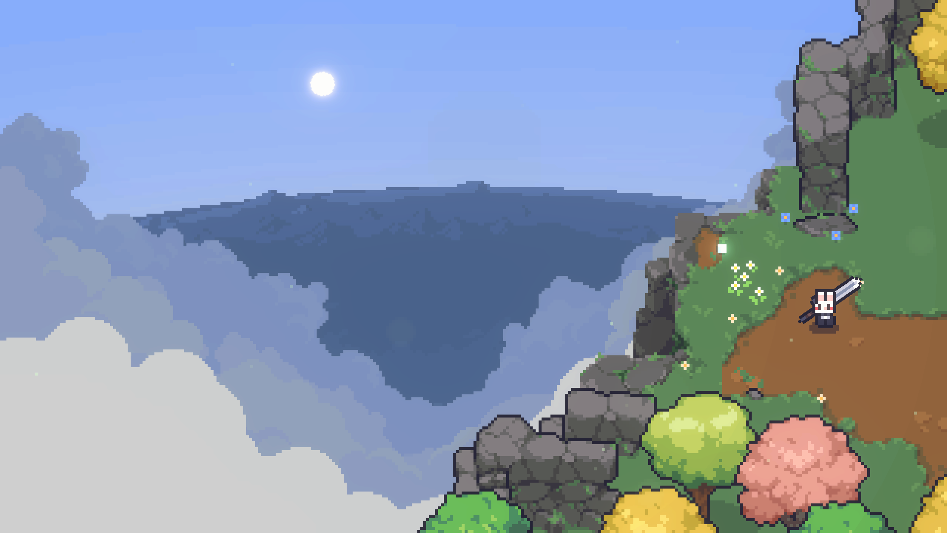 A rabbit adventurer standing on a cliff above a sea of clouds