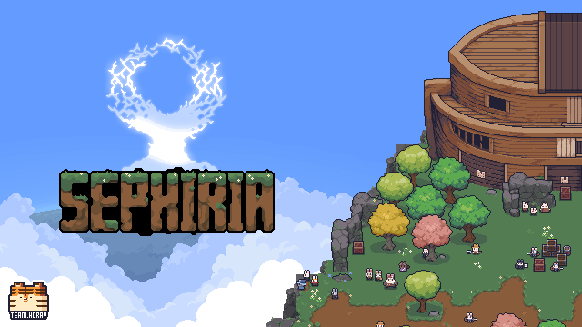Official Sephiria pixel art showing Bunnyville residents gathered beside the tower