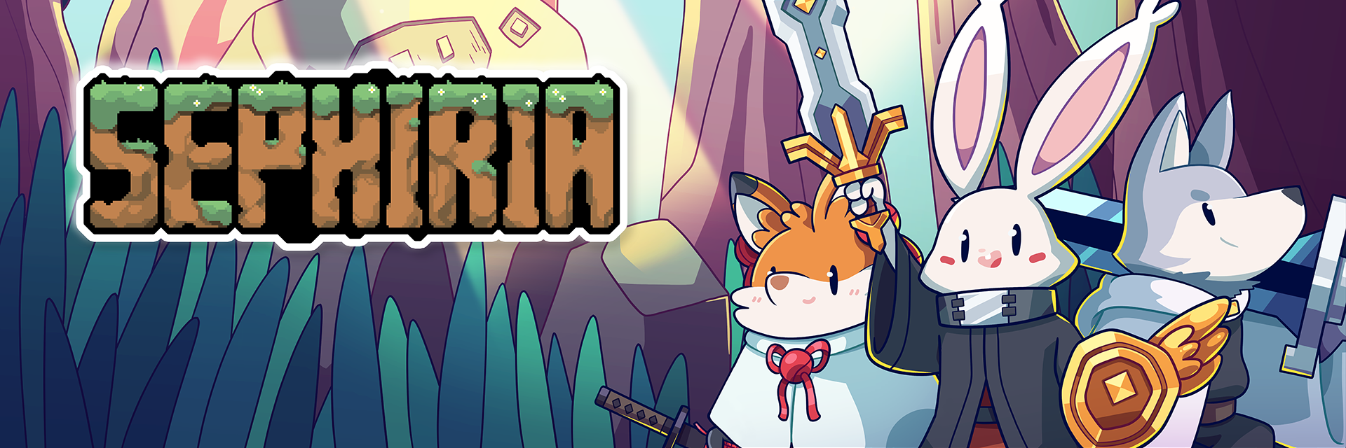 Official Sephiria key art showing rabbit, fox, and wolf adventurers ready for a run