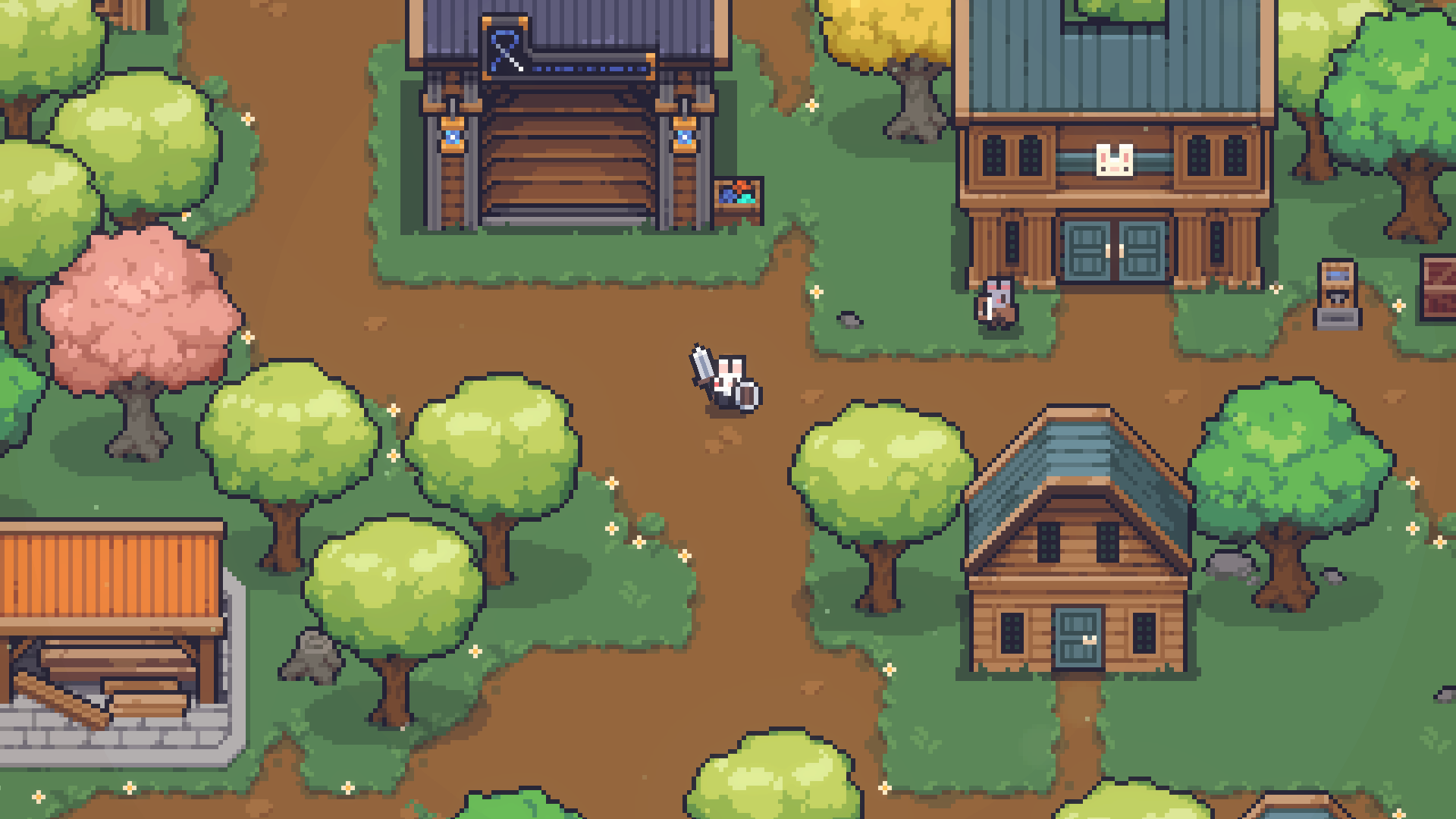 Bunnyville town paths, houses, and trees in an official Sephiria press-kit screenshot
